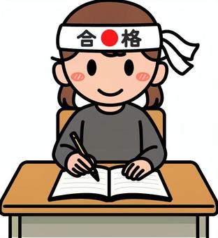 グレーの女の子の受験生です。 子供,受験生,シンプル,勉強,机,ノート,問題集,小学生,緊張,鉢巻のイラスト素材