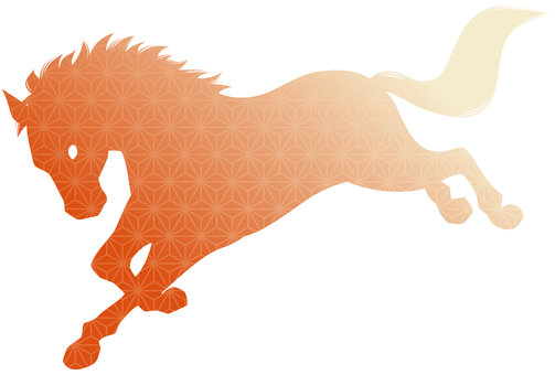 麻の葉模様と駆ける馬のシルエット　朱色 午,午年,馬,干支,お正月,駆ける,走る,疾走,和,和柄のイラスト素材