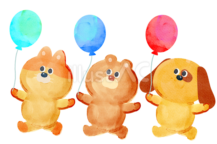 水彩画_風船を持つ動物_01 熊,猫,犬のイラスト素材