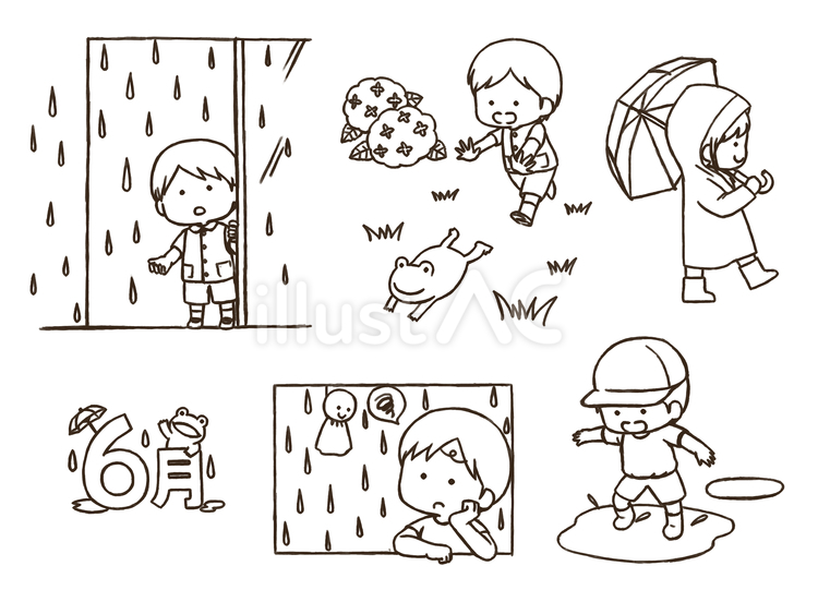 ６月のおたよりに使えるセット(太線版) 雨,男の子,子供のイラスト素材