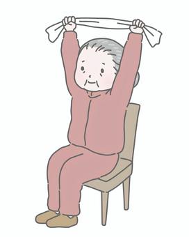 タオル体操をするおばあさん  シニア,高齢者,女性,リハビリ,タオル体操,健康促進,体操,運動,健康,椅子のイラスト素材