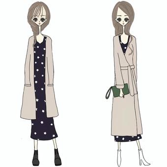 Floral dress x long knit cardigan, JPG and PNG Floral dress x long knit cardigan, one piece, long one piece, flower handle, JPG and PNG