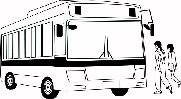 路線バス乗客 路線バス,乗客,女性,2名,公共交通,車体,停車,線,白黒のイラスト素材