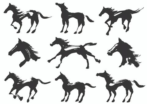 馬　筆書きいろいろ 午,馬,年賀状,毛筆,筆書き,横顔,顔,走る,見上げる,全身のイラスト素材