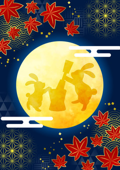 Autumn2534 紅葉,満月,うさぎ,青海波,麻の葉模様,鱗模様,市松模様,秋,夜,葉のイラスト素材
