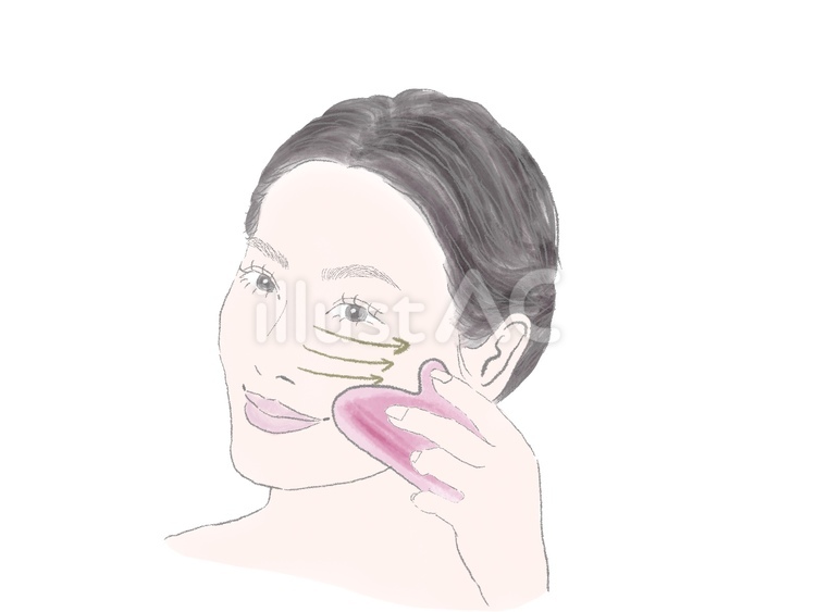 かっさで顔マッサージする女性（矢印つき） 女性,美容,スキンケアのイラスト素材