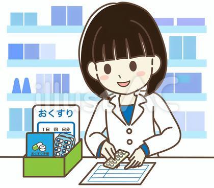 服薬指導をする女性薬剤師 青 背景あり