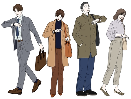 腕時計で時間確認をする人々　女性　男性 腕時計,女性,男性,サラリーマン,通勤,通勤バッグ,ファッション,アイコン,仕事,セットのイラスト素材