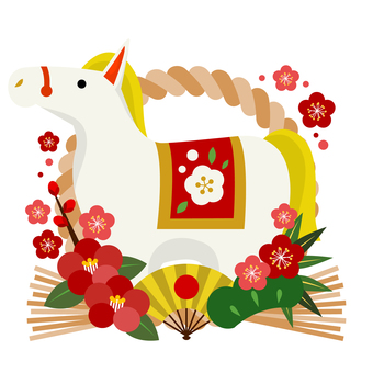 zodiac26113 馬,午年,しめ飾り,梅,扇子,椿,松,年賀状,花,和風のイラスト素材