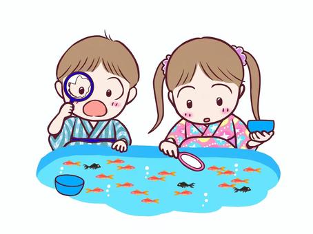 金魚すくいする子どもたち　背景なし 金魚すくい,金魚,子ども,祭り,夏祭り,縁日,イベント,ポイ,浴衣のイラスト素材