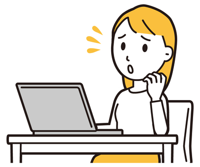 ノートパソコンを見て焦っている若い女性 困る,女性,女の子,人,ロングヘア,若い,焦る,見る,慌てる,パソコンのイラスト素材