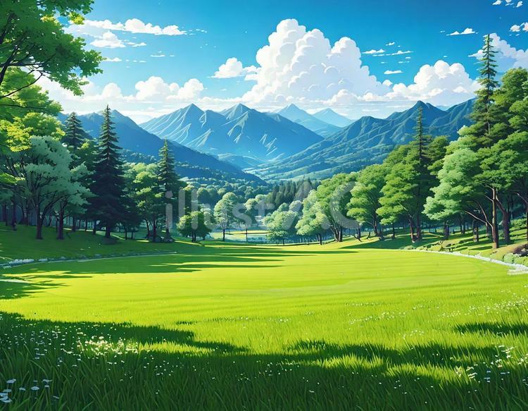 芝生と森 芝生,夏,森のイラスト素材