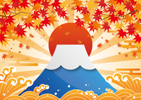 秋の富士山と紅葉のイメージ背景素材 秋,紅葉,富士山,日本,和風,海,波,集中線,背景のイラスト素材