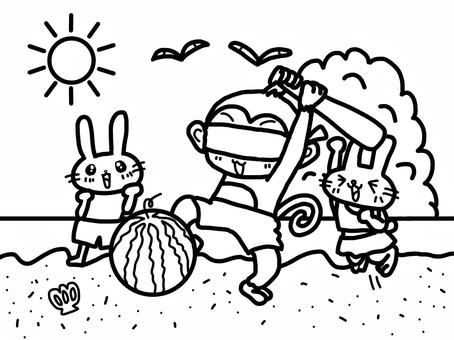 スイカ割りぬりえ スイカ,夏,海,砂浜,さる,目隠し,うさぎ,水着,動物,かわいいのイラスト素材