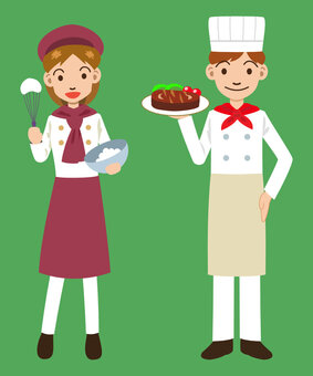 コック＆パティシエ パティシエ,コック,調理師,料理,飲食店,制服,ステーキ,泡だて器,メレンゲ,エプロンのイラスト素材
