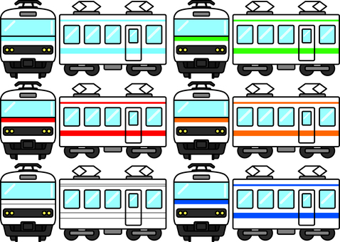 電車の正面と側面です。 電車,シンプル,鉄道,車両,路線,通勤,プラットホーム,車輪,感光,ローカル線のイラスト素材