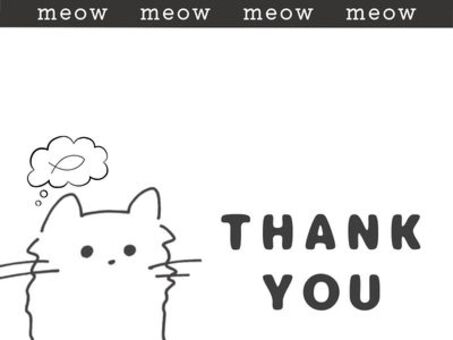ねこのサンキューカード ねこ,サンキューカード,thank,you,モノクロ,かわいい,手描きのイラスト素材