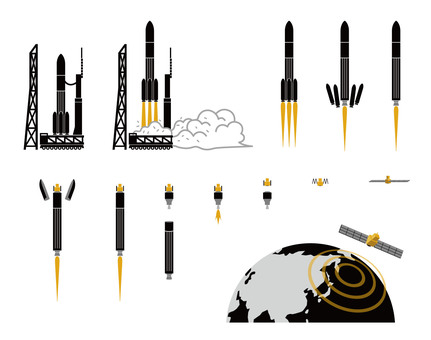 ロケット打ち上げフロー ロケット,打ち上げ,人工衛星,フローチャート,ミッション,発射台,宇宙,地球,技術,宇宙センターのイラスト素材
