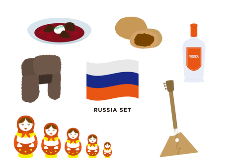 ロシア　イラストセット ロシア,マトリョーシカ,帽子,ピロシキ,ウォッカ,バラライカ,ボルシチ,旅行,観光,海外のイラスト素材