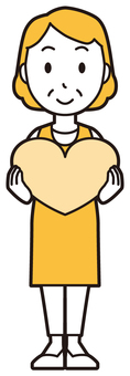 エプロンおばちゃん(黄)-143-全身 ハート,おばちゃん,エプロン,お母さん,ママ,中年,おばさん,主婦,人物,かわいいのイラスト素材