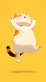 ジャンプするふっくら三毛猫