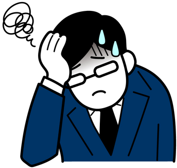 A confused and despairing young male employee, Kon, holding his head in his hands., , JPG, PNG and AI