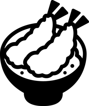 ピクトグラムの黒のえび天丼です。 ピクトグラム,えび天丼,シンプル,えび,天丼,丼もの,天ぷら,和食,食事,定食のイラスト素材