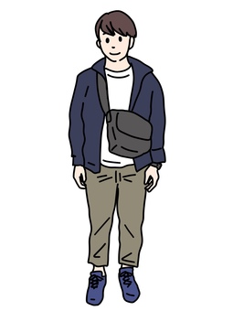 ボディバッグを持った男性 ボディバッグを持った男性 男性,正面,丸襟,短髪,おしゃれ,ボディバッグ,ショルダーバッグ,フード,パーカー,スウェットのイラスト素材