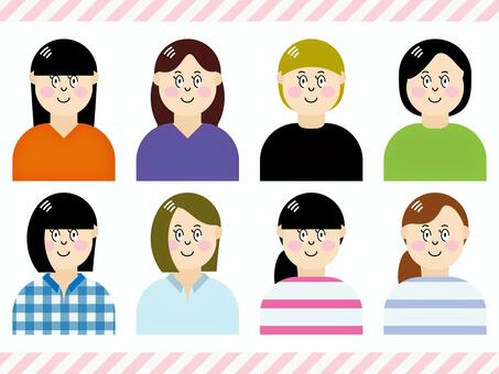 Female 8 person set, female, a smile, tiny, JPG, PNG and AI