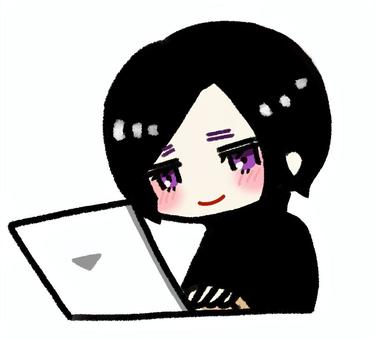 パソコンを見て嬉しそうな女性 女性,パソコン,笑顔,嬉しい,ポジティブ,照れる,楽しい,ショートヘア,黒髪,上半身のイラスト素材