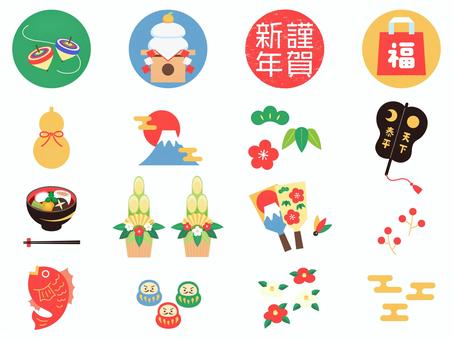 正月アイコンセット 羽子板,正月,アイコン,セット,富士山,鏡餅,福袋,松竹梅,お雑煮,だるまのイラスト素材
