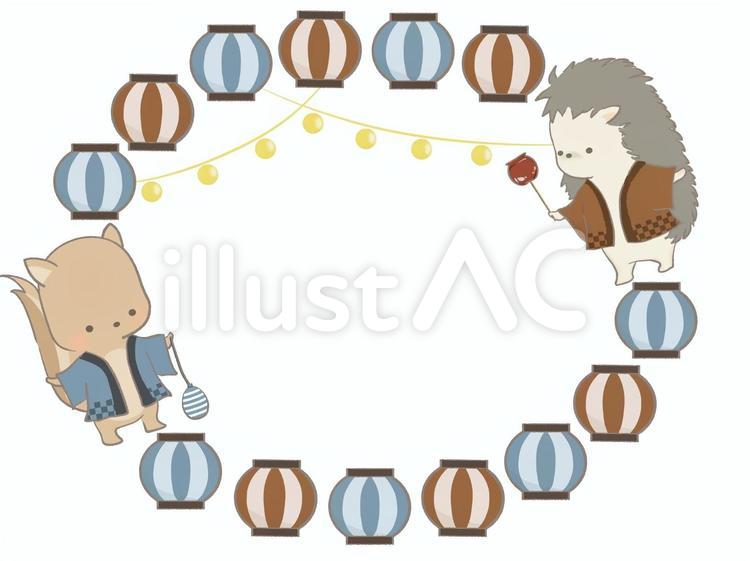 法被を着た動物のフレームイラスト　線あり リス,ハリネズミ,りんごあめのイラスト素材