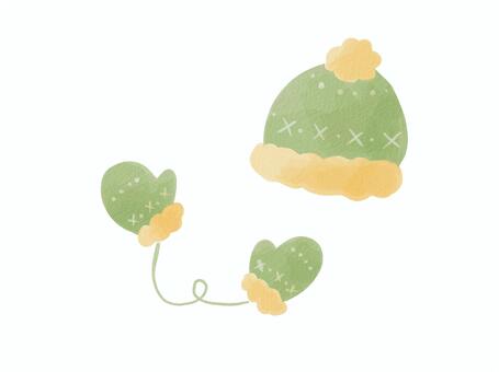 冬の小物 冬,帽子,手袋,ニット帽,緑,グリーン,ファッション,かわいい,おしゃれ,手描きのイラスト素材
