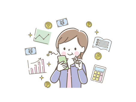 スマホでポイ活する中年女性 スマホ,ポイ活,中年,女性,意欲,嬉しい,楽しい,やる気,家計簿,グラフのイラスト素材