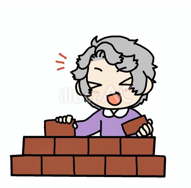 笑ってレンガを積むおばあさん おばあさん,レンガ,積むのイラスト素材