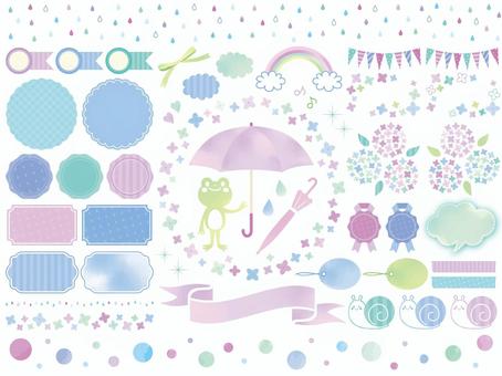 梅雨のかざりセット 梅雨,紫陽花,フレーム,水彩,傘,背景,手書き,リボン,雨,見出しのイラスト素材