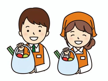 買い物袋を持つスーパーの店員 スーパー,スーパーマーケット,主婦,レジ袋,買い物袋,野菜,ねぎ,トマト,店員,スタッフのイラスト素材