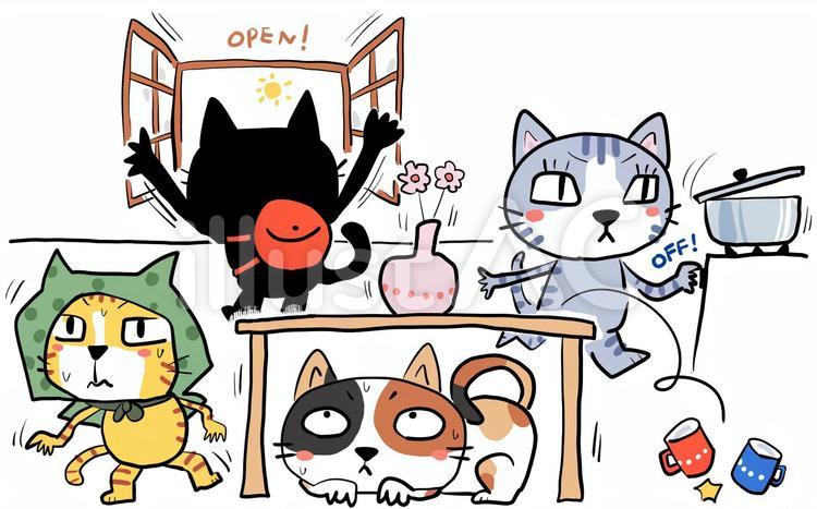 地震の避難訓練の4匹の猫 地震,避難訓練,防災のイラスト素材
