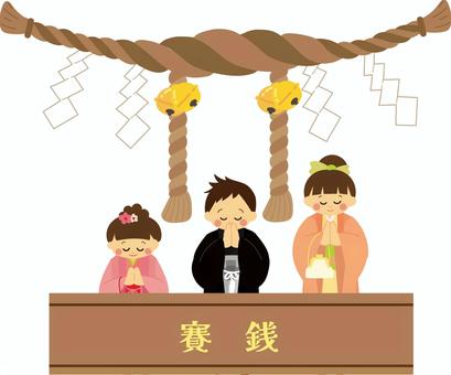 初詣　神社 初詣,お参り,お正月,着物,袴,草履,羽織,合掌,しめ縄,賽銭箱のイラスト素材