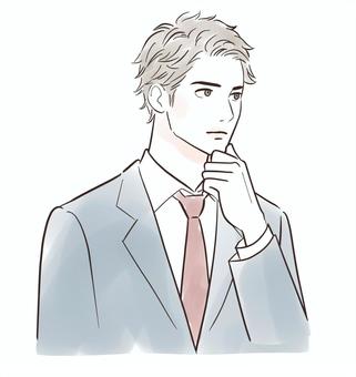 真剣に考えるスーツ姿の男性 男性,人物,考える,思う,想像する,スーツ,リラックス,おしゃれ,20代,30代のイラスト素材