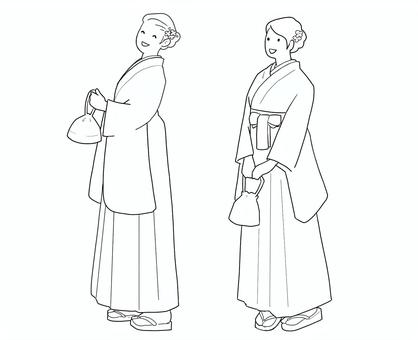 袴着物の女性2人 袴着物の女性2人 着物,袴,女性,成人式,卒業式,横,斜め,線画,全身のイラスト素材