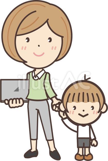 フリーランサーの母親と子供の全身絵
