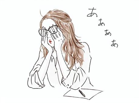 女性 女性,ロングヘア,困る,頬杖,スランプ,不機嫌,疲れ,疲労,行き詰り,溜息のイラスト素材