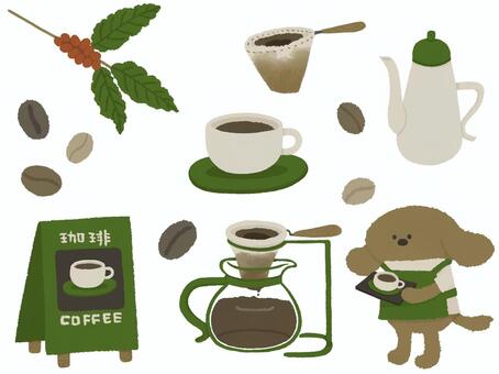 コーヒーショップの珈琲とドリップ用品 コーヒー,珈琲,カフェ,喫茶店,コーヒーショップ,コーヒー豆,珈琲豆,コーヒーの実,コーヒーカップ,ドリップのイラスト素材