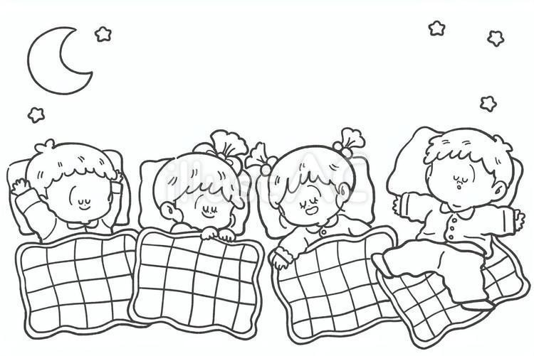 お泊まり保育の白黒手描きイラスト お泊まり会,白黒,パジャマのイラスト素材
