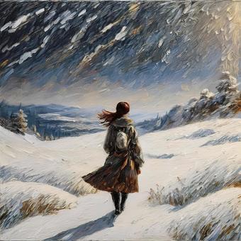 吹雪の高原を歩く女性