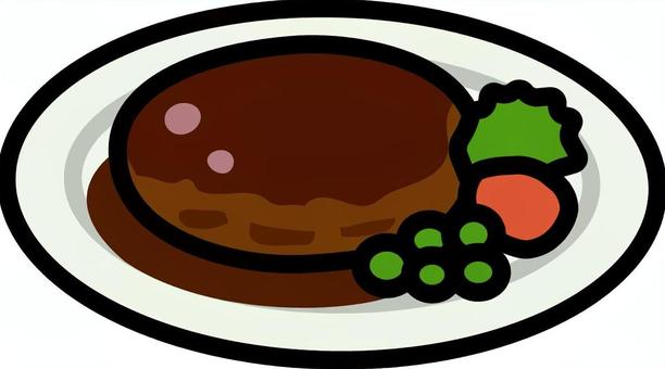 白の皿のハンバーグです。 ハンバーグ,シンプル,洋食,プレート,グリーンピース,人参,添え野菜,レストラン,カフェ,定食のイラスト素材