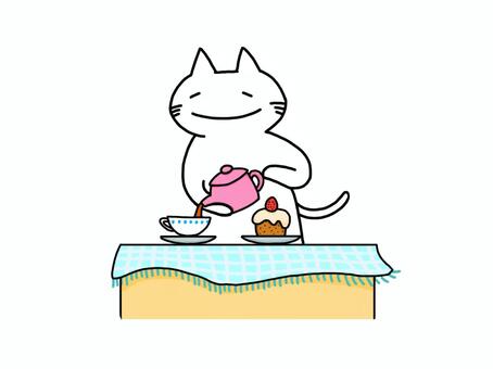 お茶を注ぐ猫 猫,白猫,お茶,紅茶,ティータイム,休憩,アフタヌーンティー,お茶会,ケーキ,お菓子のイラスト素材