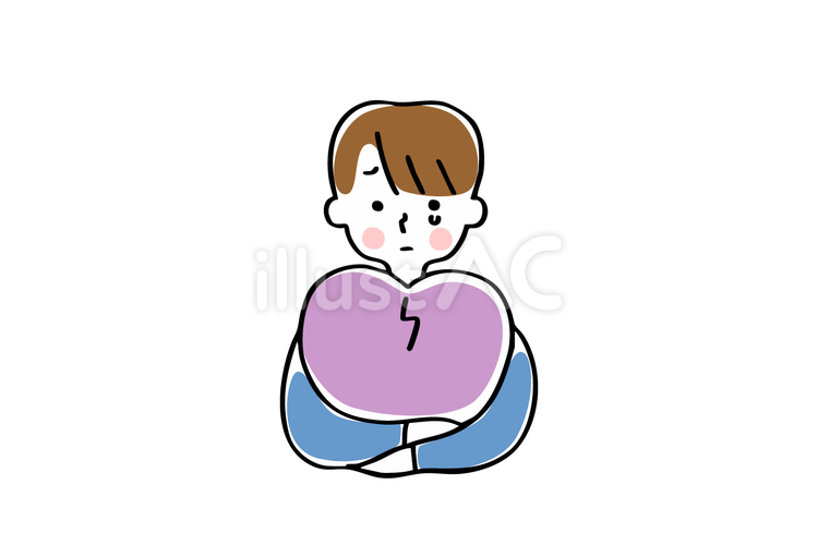 割れたハートを持つ悲しい表情の男性＿単品 ハート,心,メンタルのイラスト素材
