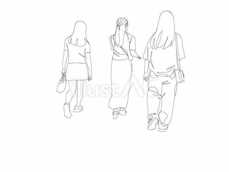 私服の女子中高生が一緒に歩く後ろ姿　① 女子,中学生,高校生のイラスト素材